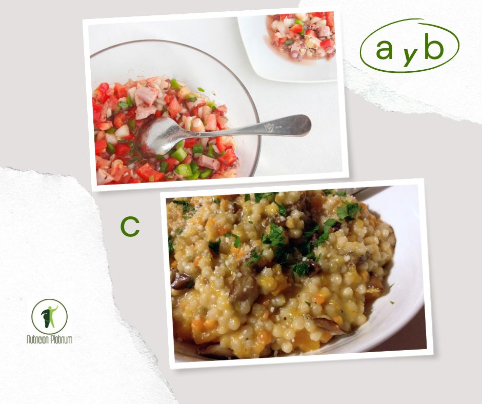 pulpo a la vinagreta o salpicón de pulpo con Risotto de cuscus con calabaza y hongos